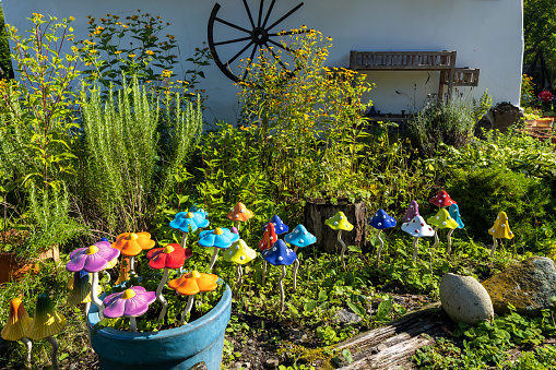 garden decorated with ceramics in Holloko, region Northern Hungary