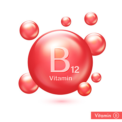 Vitamin B12 icon. Cobalamin vitamin drop pill capsule. Shining essence droplet. Beauty treatment nutrition skin care. Vector illustration