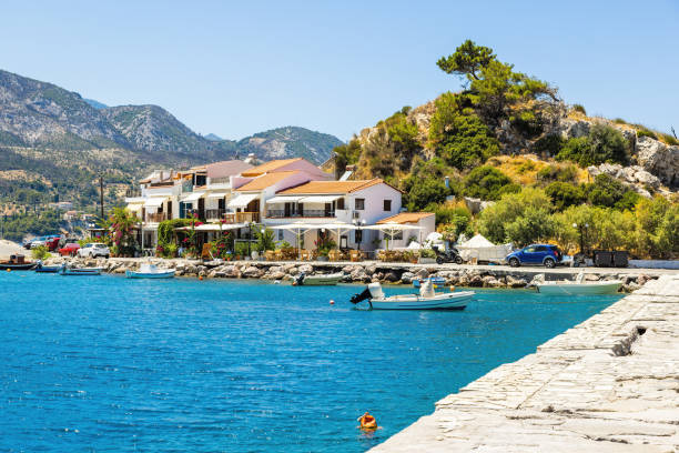 Beautiful Kokkari village, Samos island, Dodecanese, Greece in afternoon.