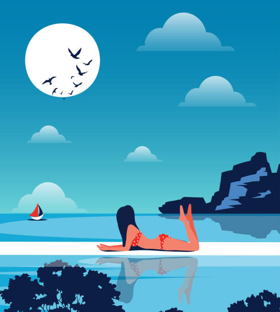 ilustrações de stock, clip art, desenhos animados e ícones de vector illustration of a girl on vacation lies swimming and relaxing in the pool of her villa and admiring the beautiful sunset - infinity pool getting away from it all relaxation happiness