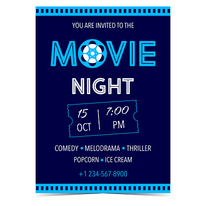 Movie night invitation card, advertisement banner, promo poster, announcement brochure, affiche, flyer or leaflet. Vector illustration for movie event, film festival party, cinema holidays.