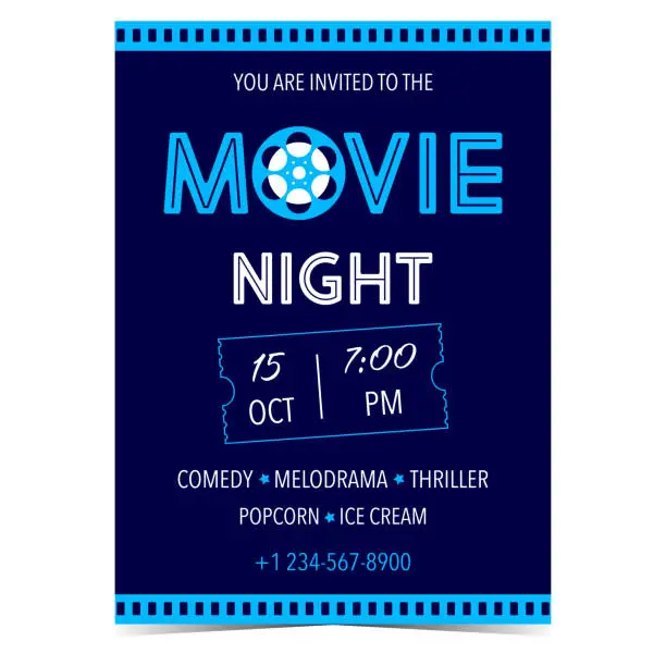 Vector illustration of Movie night invitation card, advertisement banner, promo poster.