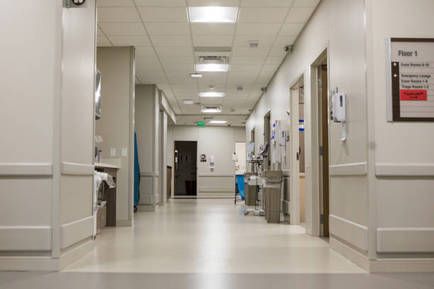 View down hallway of emergency department in hospital stock photo