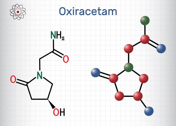 Oxiracetam molecule. It is is a nootropic drug of the racetam family, very mild stimulant. Structural chemical formula and molecule model. Sheet of paper in a cage Oxiracetam molecule. It is is a nootropic drug of the racetam family, very mild stimulant. Structural chemical formula and molecule model. Sheet of paper in a cage. Vector illustration nootropic stock illustrations