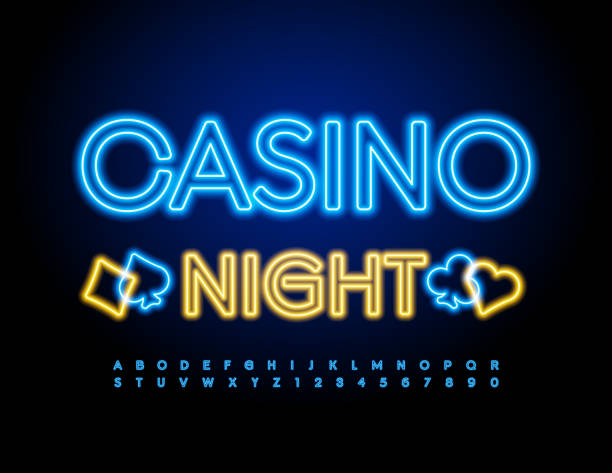 векторный неоновый флаер casino night. набор букв и цифр синего светящегося алфавита - poker night stock illustrations