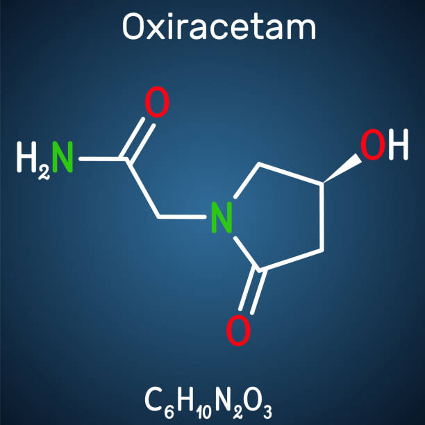 Oxiracetam molecule. It is is a nootropic drug of the racetam family, very mild stimulant. Structural chemical formula on the dark blue background. Oxiracetam molecule. It is is a nootropic drug of the racetam family, very mild stimulant. Structural chemical formula on the dark blue background. Vector illustration nootropic stock illustrations