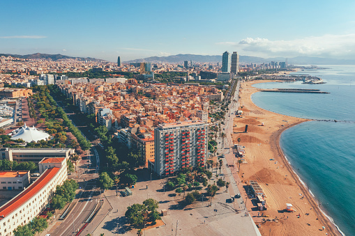 Vista aérea del barrio de Ciutat Vella con la playa de la Barceloneta España photo