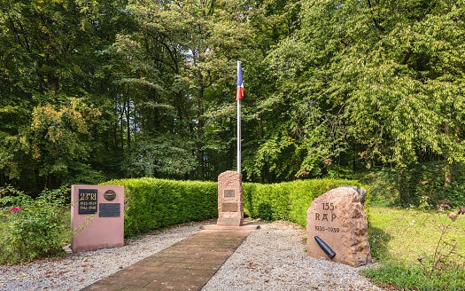 Hunspach, France, October 13, 2020: View of the Monument to the fighters of the Maginot line in front of the Schoenenbourg Fortress. This fortress, today a museum, was part of the Maginot line.