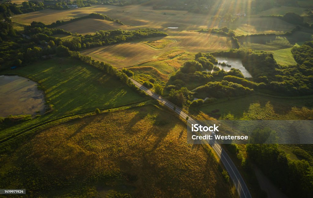 Aerial view of fields Mixed nature and agricultural fields. Drone point of view at dawn Denmark Stock Photo