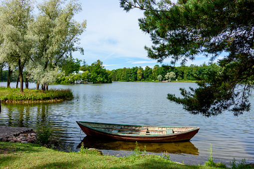 Boat on Grand pond of Catherine park in summer, Tsarskoe Selo (Pushkin), Saint Petersburg, Russia