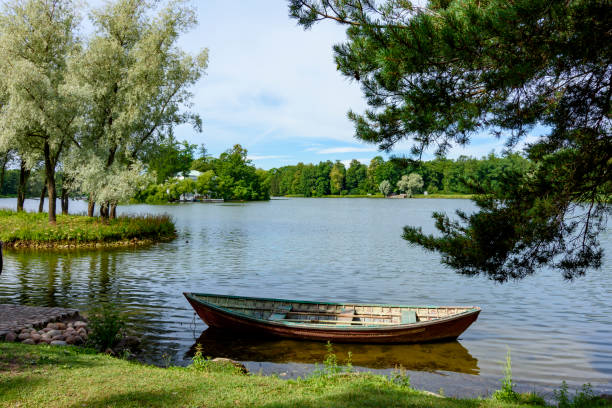 Boat on Grand pond of Catherine park in summer, Tsarskoe Selo (Pushkin), Saint Petersburg, Russia Boat on Grand pond of Catherine park in summer, Tsarskoe Selo (Pushkin), Saint Petersburg, Russia pushkin st petersburg stock pictures, royalty-free photos & images