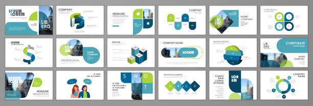 Presentation flyer set Blue and green abstract presentation slide templates. Infographic elements template set for web, print, annual report brochure, business flyer leaflet marketing and advertising template. Vector Illustration newsletter template stock illustrations