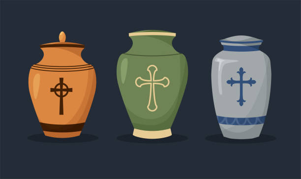 illustrazioni stock, clip art, cartoni animati e icone di tendenza di set di urna per ceneri con polvere. - stone coffin