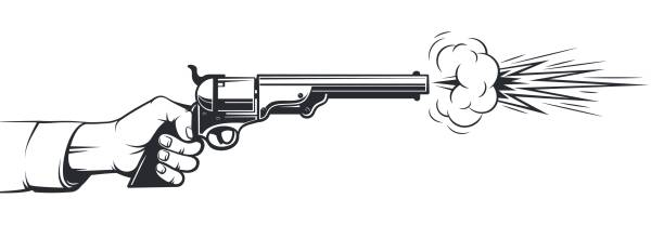 Hand with a gun shoots. Shot from a cowboy pistol. vector retro illustration.