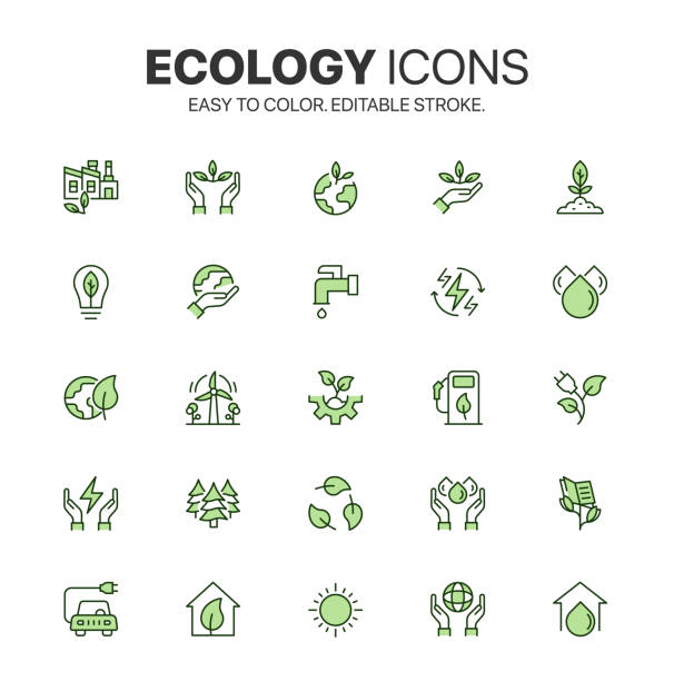 illustrazioni stock, clip art, cartoni animati e icone di tendenza di set di icone di sostenibilità. facile da colorare. icone colorate correlate eco-friendly. pacchetto di simboli per l'ambiente, l'ecologia e l'ecosistema - sostenibilità