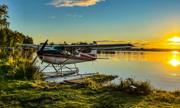 The seaplane “Skyhawk II” from the Aero Club Como taking off on Lake Como, Lombardy.