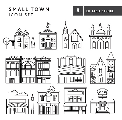 Vector illustration of a small town community icons on white background. Includes set of buildings and architecture features of Victorian home, schoolhouse, church, mosque, downtown shops, theatre, bell clock tower, convenience store, hardware store, restaurant, diner. Fully editable stroke outline for easy editing. Simple set that includes vector eps and high resolution jpg in download.