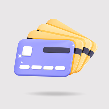 3d vector fan of realistic render yellow and violet credit cards icon design. Online shopping, paying, buying, business financial, money transfers and banking concept.