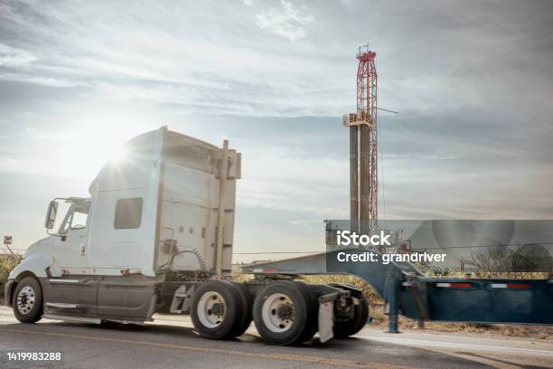Dracking Drilling Rig Creating Gas Or Oil Well Silhouetted At Dusk Under A Dramatic Sunset Sky Stock Photo - Download Image Now