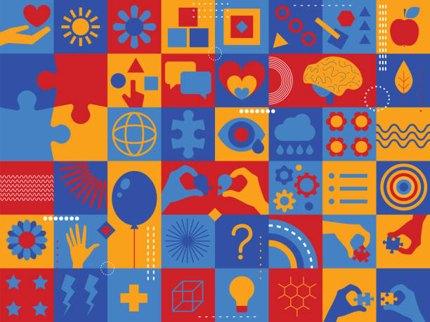 światowy dzień świadomości autyzmu, miesiąc. kolorowe puzzle i kolejne symbole wektorowe tło. symbole autyzmu. ilustracja mieszkania medycznego. opieka zdrowotna - social awareness symbol illustrations stock illustrations