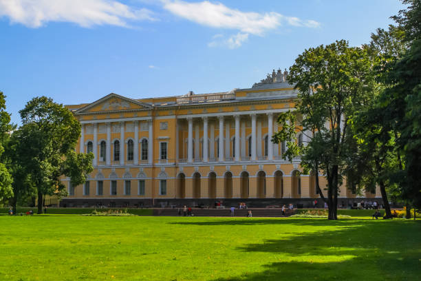 The outside of the Russian Museum in St Petersburg, taken from the Mikhailovsky Garden. Taken during a Baltic Sea Cruise in August  2019.