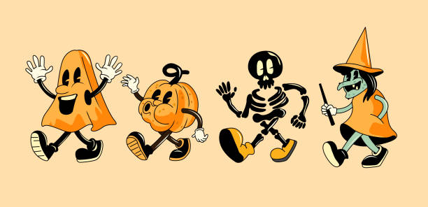 ilustraciones, imágenes clip art, dibujos animados e iconos de stock de personajes de halloween vintage vectoriales - trick or treat