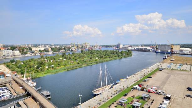 aerial view on szczecin city,  port and odra  river bank - industry szczecin europe nautical vessel imagens e fotografias de stock