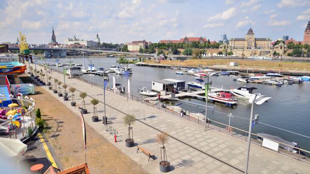 aerial view on szczecin city,  port and odra  river bank - industry szczecin europe nautical vessel imagens e fotografias de stock