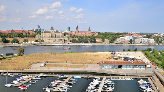 Szczecin, Poland. 17 August 2022. Aerial view on Szczecin city,  port and Odra  river bank