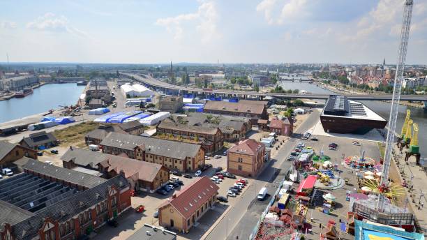 aerial view on szczecin city,  port and odra  river bank - industry szczecin europe nautical vessel imagens e fotografias de stock