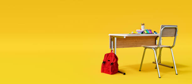 istock Modern school desk with school accessories and red backpack on honey yellow background, learning and doing homework concept, 3D Rendering, 3D Illustration 1419990158