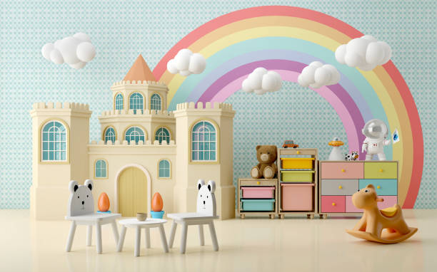 istock Pastel kid room.Chairs,drawer,shelf,castle,cute stuff and rainbow in background.3d rendering 1419991263
