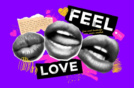 Collage vector poster with halftone mouths, torn paper, stroke brushes, doodle elements. Concept of love. Trendy magazine style, grunge texture, love symbols. Colorful banner for your design
