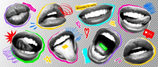 Vector illustration of Halftone lips set with punk elements. Collage mouth for banner, graphic design, poster, illustration. Vector set of scream, kiss, smile, tongue, open mouth. Texture elements on transparent background