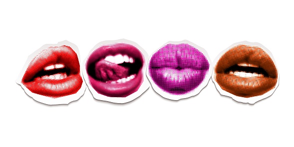 Collage vector illustration with mouth, lips, kiss, tongue. Halftone grunge elements for poster, banner, pattern. Concept of love, creativity, ideas. Colorful mouths on white background.