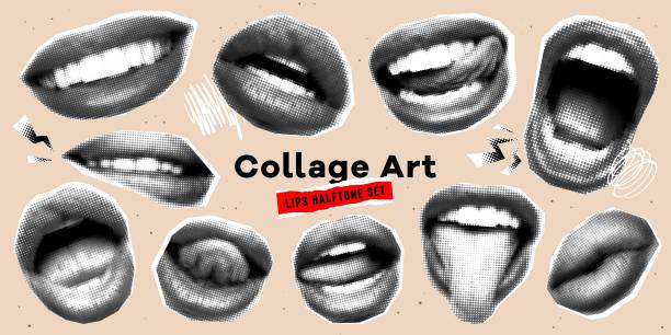 istock Collage mouth set with grunge elements. Halftone lips for banner, graphic, poster, illustration. Vector set of scream, kiss, smile, tongue, open mouth. Texture elements on transparent background 1419992134