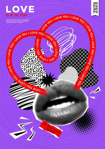 istock Discount collage vector banner with halftone mouth and grunge elements. Trendy magazine style. Creative banner with doodle and halftone element. Concept of sale. Creative modern advertising poster 1419992136