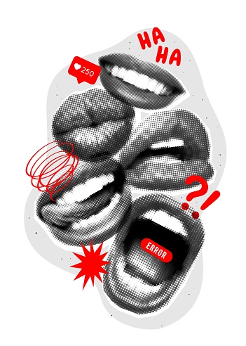 Art collage with halftone mouths and red elements. Magazine style, halftone textures. Composition with female lips, smile, kiss, scream, mouth with tongue. Concept of poster, ideas, creativity.