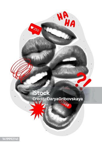 istock Art collage with halftone mouths and red elements. Magazine style, halftone textures. Composition with female lips, smile, kiss, scream, mouth with tongue. Concept of poster, ideas, creativity 1419992141