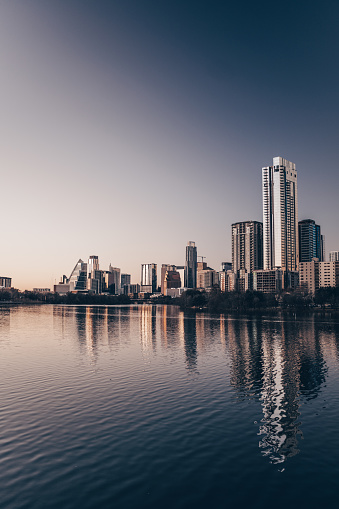austin city skyline during sunset by the water
