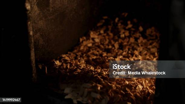 A Man Puts Sawdust In A Cast Iron Furnace Closeup Scene Mans Hands Putting Wood Into The Fire Close Up Wood Furnace Open Firebox With A Hardwood Log Laid Inside A Furnace Stock Photo - Download Image Now
