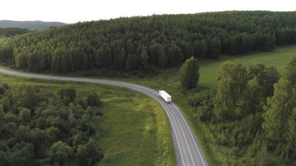 vagón conduciendo por la carretera rodeado de árboles verdes, vista aérea. escena. transporte, concepto de logística, camión blanco conduciendo por la carretera vacía a lo largo del bosque verde. - semi truck fotos fotografías e imágenes de stock