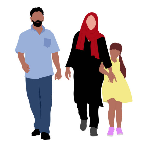 bildbanksillustrationer, clip art samt tecknat material och ikoner med middle eastern family walking black dress blue shirt - iranian girl