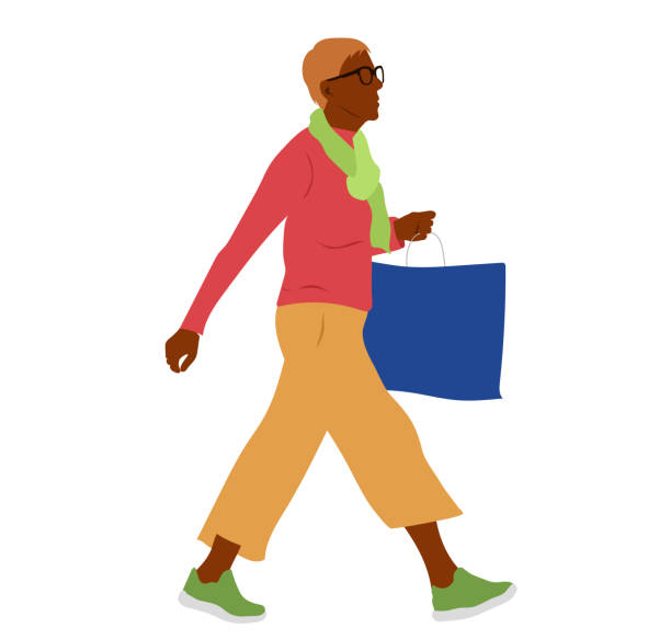 Trendy Senior Woman Walking Fashionable person walking and shopping silhouette symbol computer icon shopping bag stock illustrations