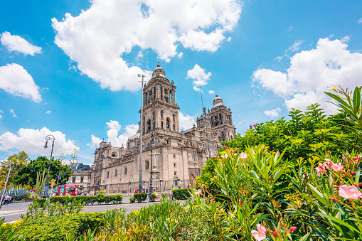 Mexico City, Mexico; September 01 2022: Mexican cathedral under the blue sky.