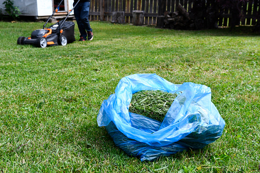 A close up image of a large blue plastic bag used for recycling grass cuttings with a lawn mower in the background.