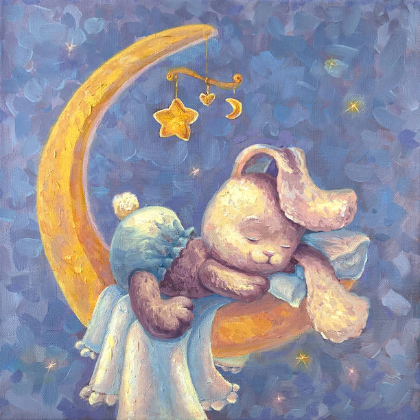 istock Baby bunny sleeps in a cradle on the moon, around the star. Artistic poster for a nursery, kindergarten on a blue background. Oil painting, canvas for children, newborns. Ccute rabbit resting 1420005569