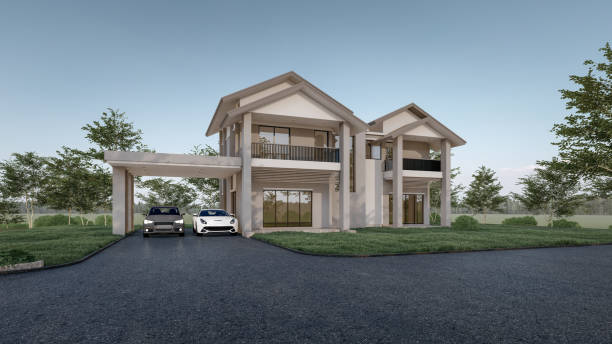 ilustração de renderização 3d - driveway asphalt house residential structure - fotografias e filmes do acervo