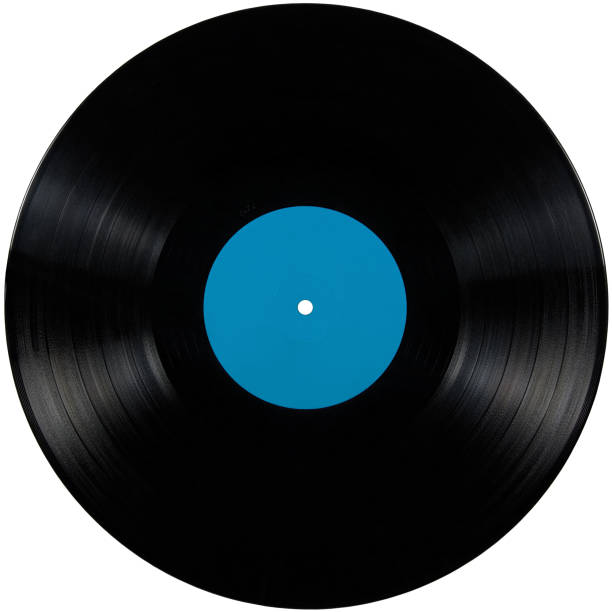 istock Black vinyl record lp album disc, isolated long play disk, blank empty label in cyan blue, large detailed copy space background flat lay macro closeup 1420014307