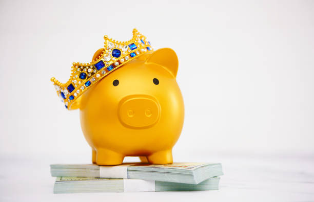 Gold piggy bank wearing crown standing on a stack of American currency Gold piggy bank wearing crown standing on a stack of American currency gold ira companies with best rates stock pictures, royalty-free photos & images